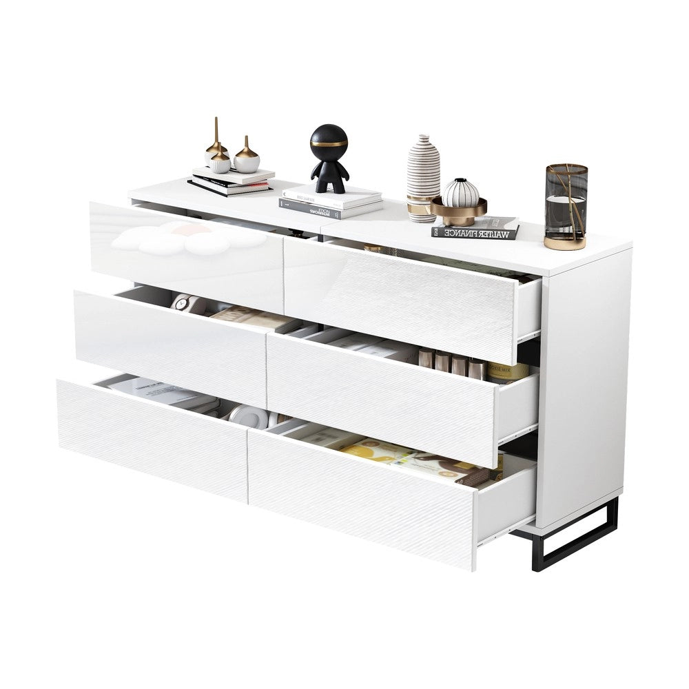 Credenza da Soggiorno con 6 Cassetti e 3 Gambe in Metallo ¨C MINIMAL ¨C Bianco/Nero Lucido 140x39x78