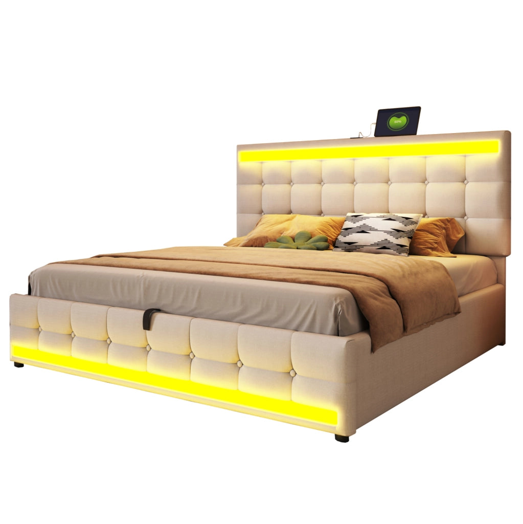 Letto matrimoniale imbottito 180x200 cm con LED RGB; USB e testiera regolabile; beige