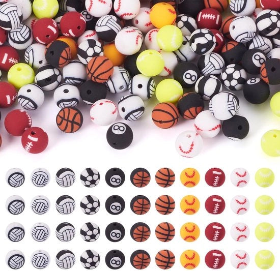 Set di perle in polimero 220 pezzi - tema sportivo - 11 stili - perle rotonde - diametro 9,5-10 mm - foro 1,5-2 mm - gioielli