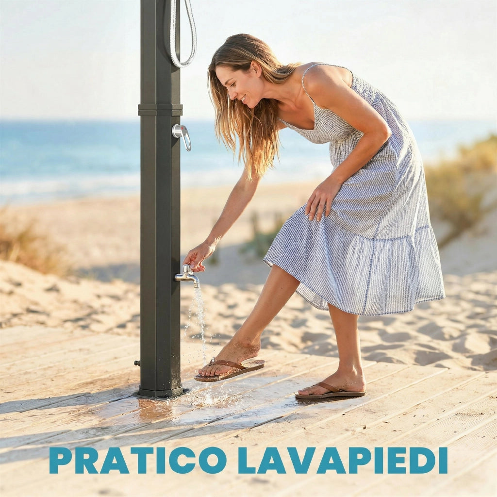 Doccia Solare 60L Doccia da Giardino da Esterno 21,8x18,2x227 cm con 2 Soffioni Riscaldata in ABS e Acciaio Inox Nero