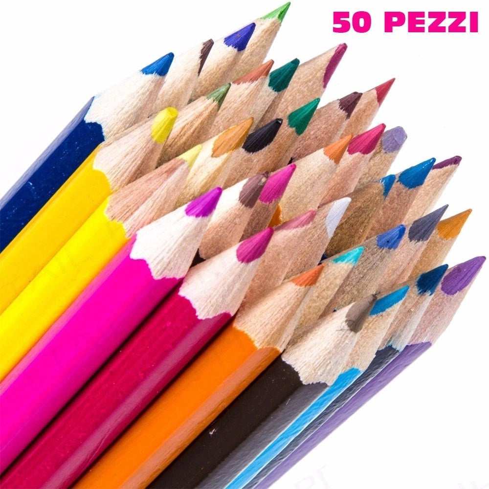 Trade Shop - Set Pastelli Colorati 50 Pz. Matite In Legno Per Colorare Bambini Scuola Disegno -