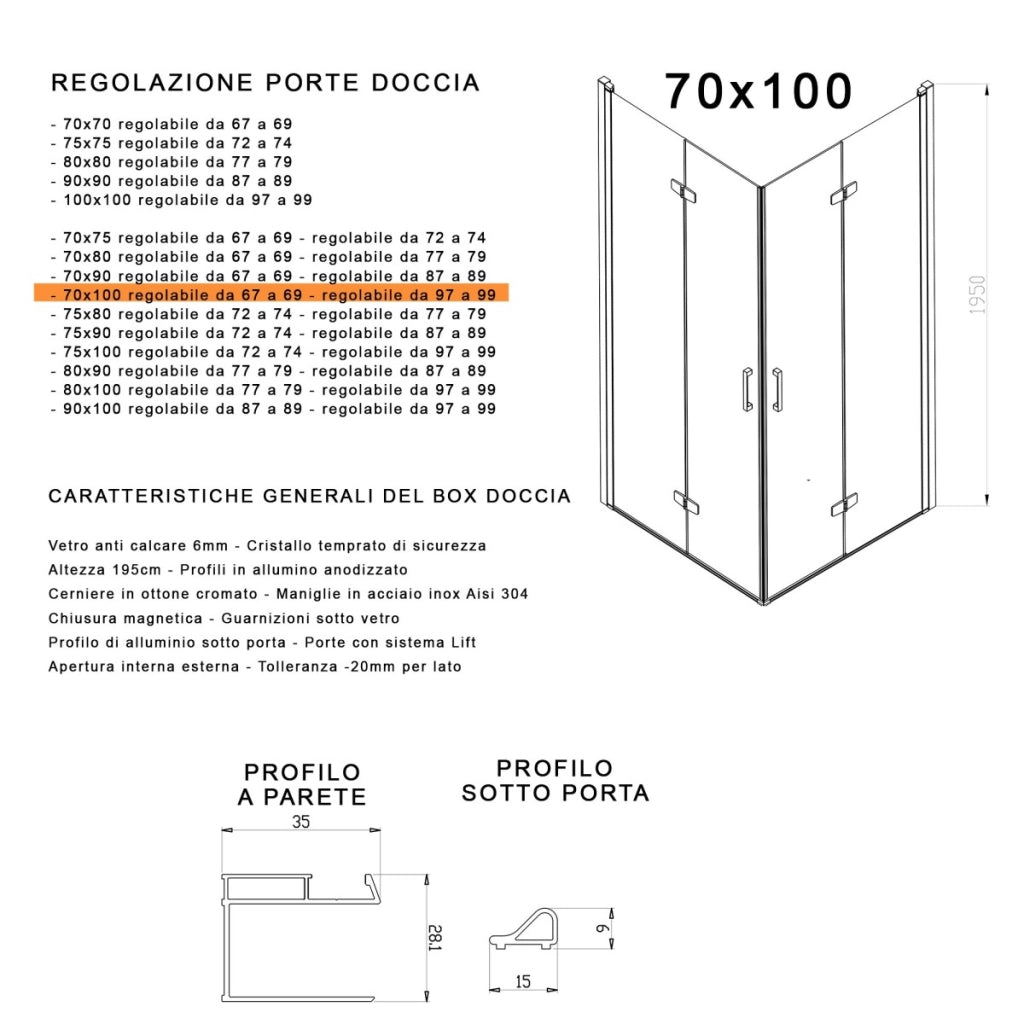Box doccia 2 lati a soffietto trasparente senza profili 6mm h195 anticalcare rea, misura 70x100