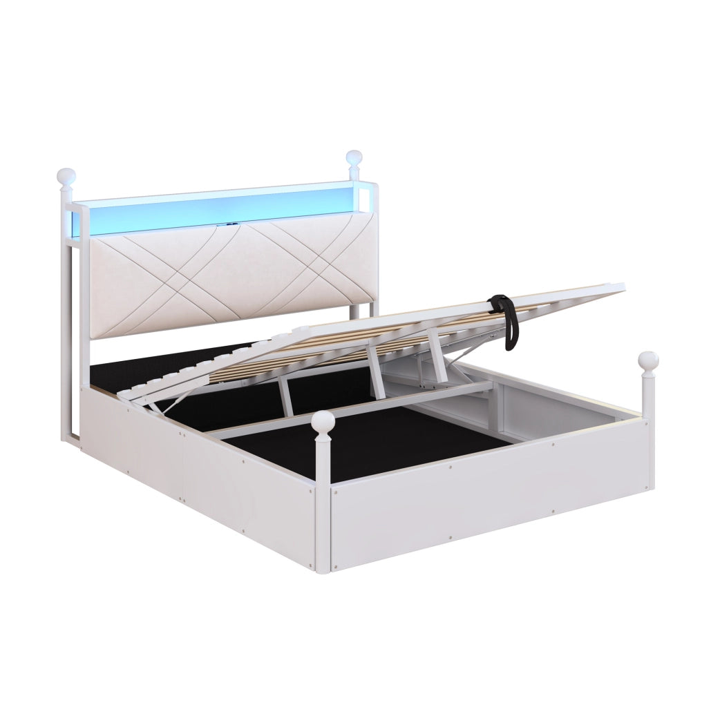 Letto matrimoniale multifunzione 140x190 cm in metallo bianco con baldacchino removibile; contenitore; LED e USB