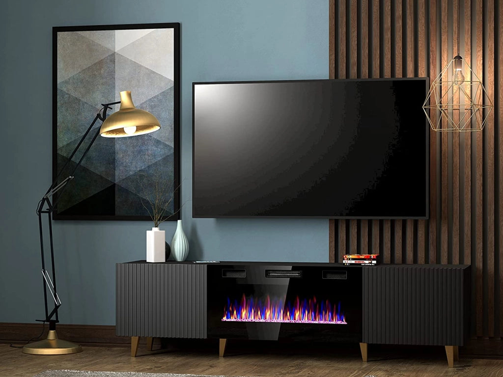 MOBILE TV CON CAMINETTO ELETTRICO INCORPORATO PAFOS cm180x40x49 NERO OPACO