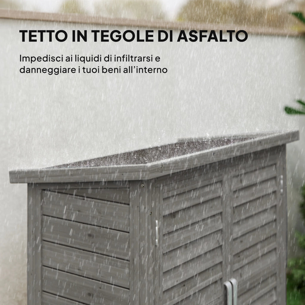 Armadio da Giardino in Legno di Abete con Porte a Persiana e 2 Ripiani, 87x46.5x96.5cm, Grigio