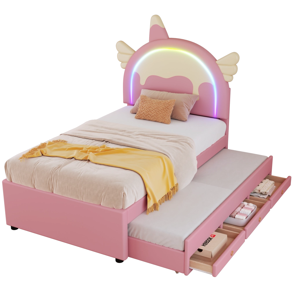 Letto per bambini 90x200 cm; con letto estraibile; PU; rosa