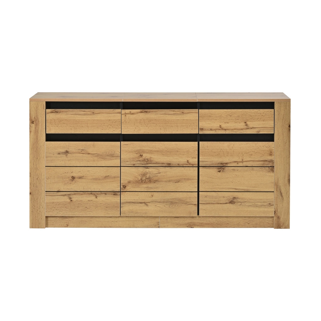 Credenza Sideboard 135¡Á35¡Á70 cm in truciolare, effetto venatura del legno naturale, con 3 cassetti e vani regolabili