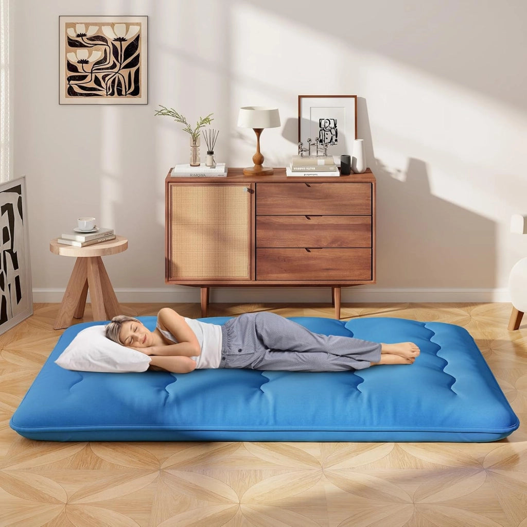 Materasso Futon Pieghevole, Materasso Portatile con Sacca da Trasporto per Camping, Materasso da Terra con Copertura Lavabile (200 x 140 cm, Blu)