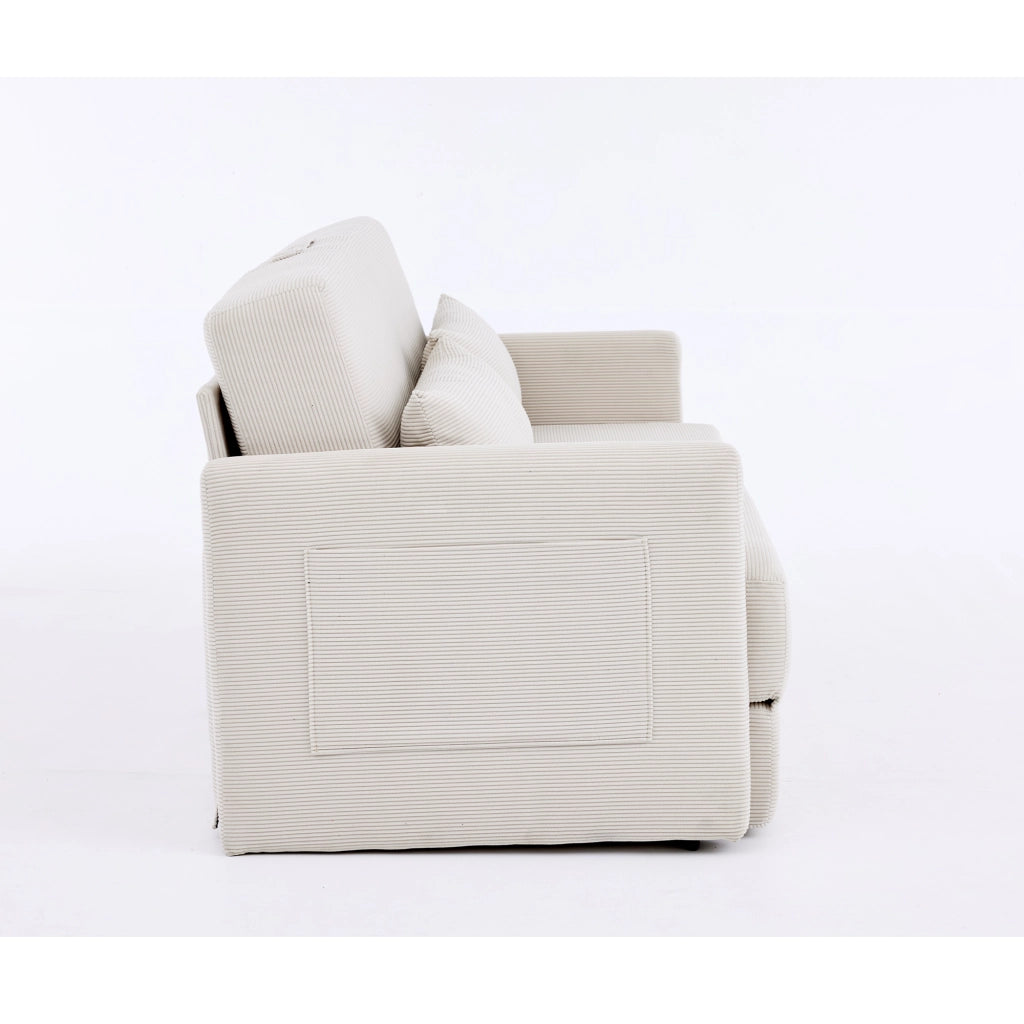Divano letto convertibile 2 posti in velluto a coste con 2 cuscini lombari e tasche laterali in ferro beige