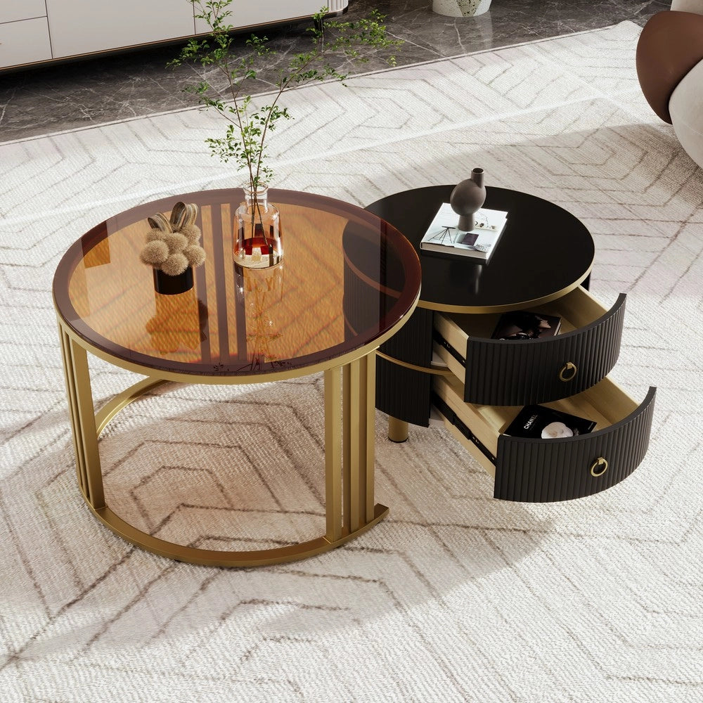 Tavolino da Caff¨¨ Rotondo MDF Set 2 Pezzi ¨C MINIMAL ¨C Vetro Temperato Marrone, Lucido, 2 Cassetti, 70x70x45 + 50x50x40 cm