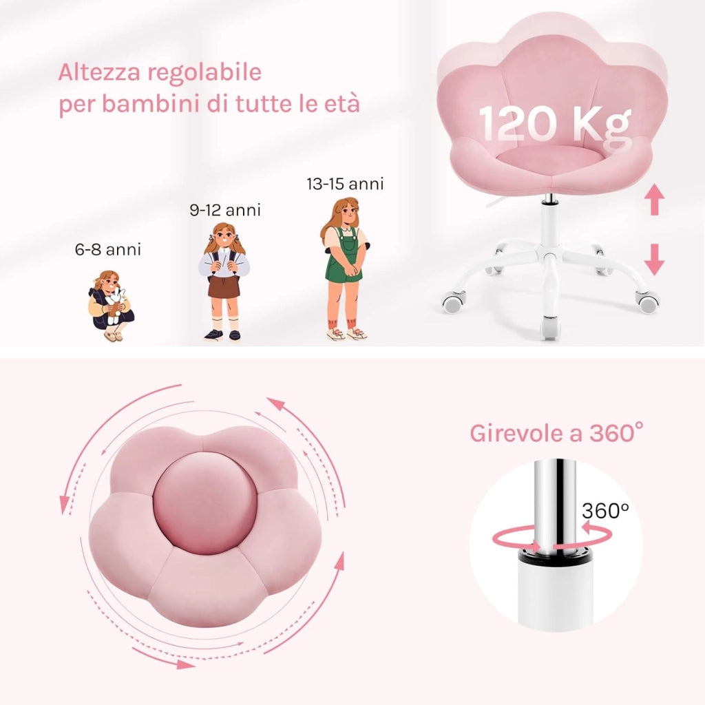 Sedia da Scrivania per Bambini, Sedia Ufficio Ergonomica Girevole e Regolabile in Altezza con Rotelle, Seduta a Forma di Fiore per Studio, Camera da Letto, Velluto, Rosa Pastello