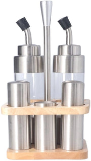 Set di dispensatori per olio e aceto - Accessori da cucina - Vetrini e acciaio inossidabile - Set di erbe - Ideale per l'uso a tavola - Incluso legno.