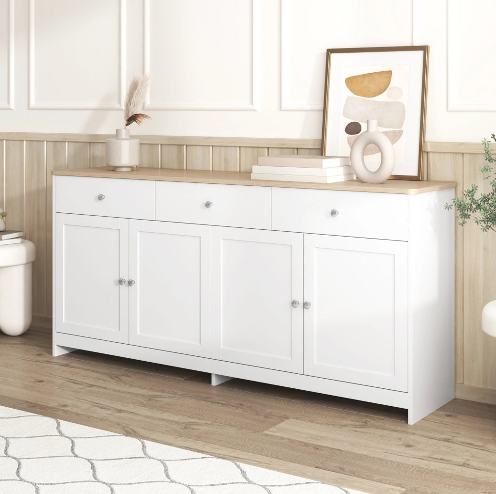 Credenza 160x37x75 cm bianca e color legno in MDF, 4 ante e 3 cassetti