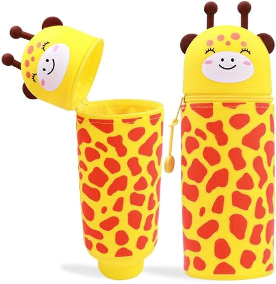 MPXEAVG 2-in-1 borsa di silicone morbida, contenitore per pennarelli colori, astuccio in piedi, scatola per scuola per bambina o bambino (giraffa)