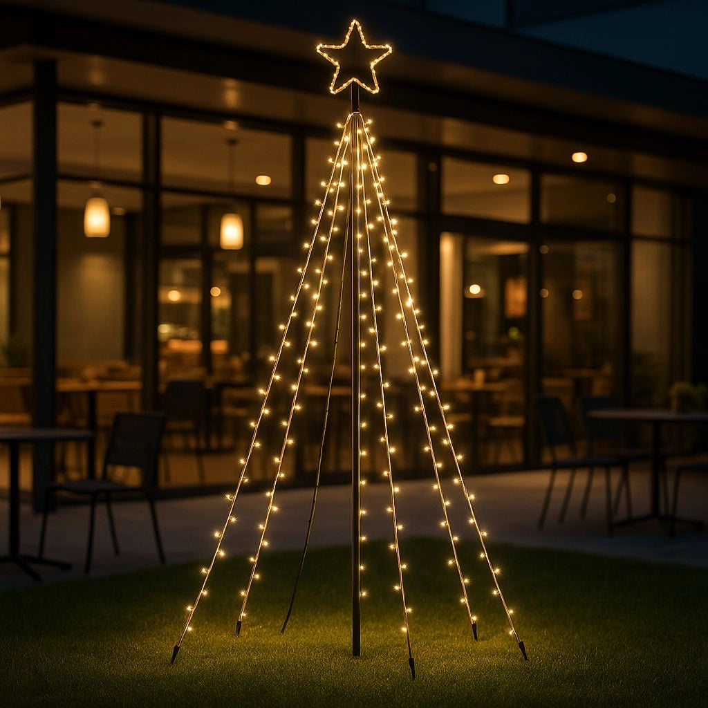 Albero Luminoso da Esterno 2,5m con 500 LED Luce Calda, Stella 22cm, Struttura in Ferro e Alluminio, IP44, Picchetti per Giardino, Cavo 5m