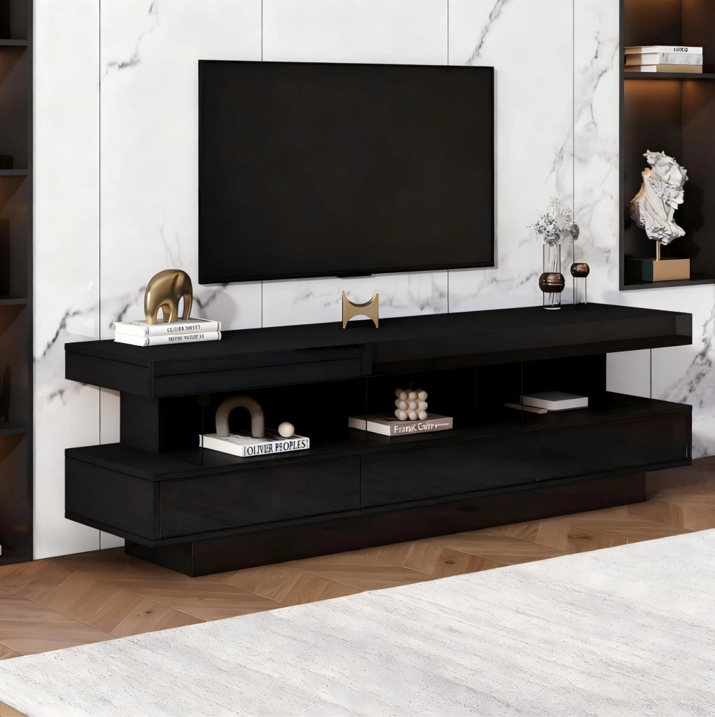 TV mobile 160x38x50;5 cm nero lucido con 3 ripiani in vetro e LED Bluetooth