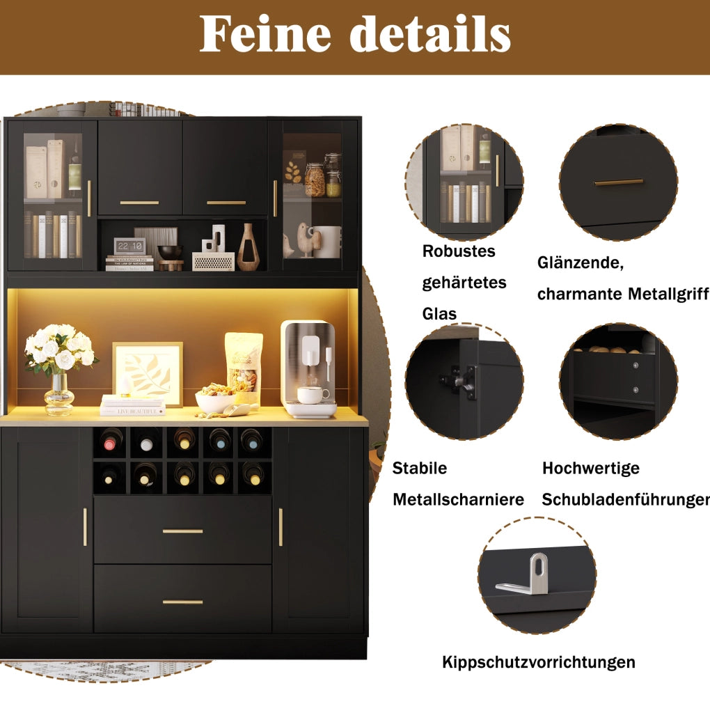 Credenza 120x36,3x180 cm con LED, prese USB e portabottiglie