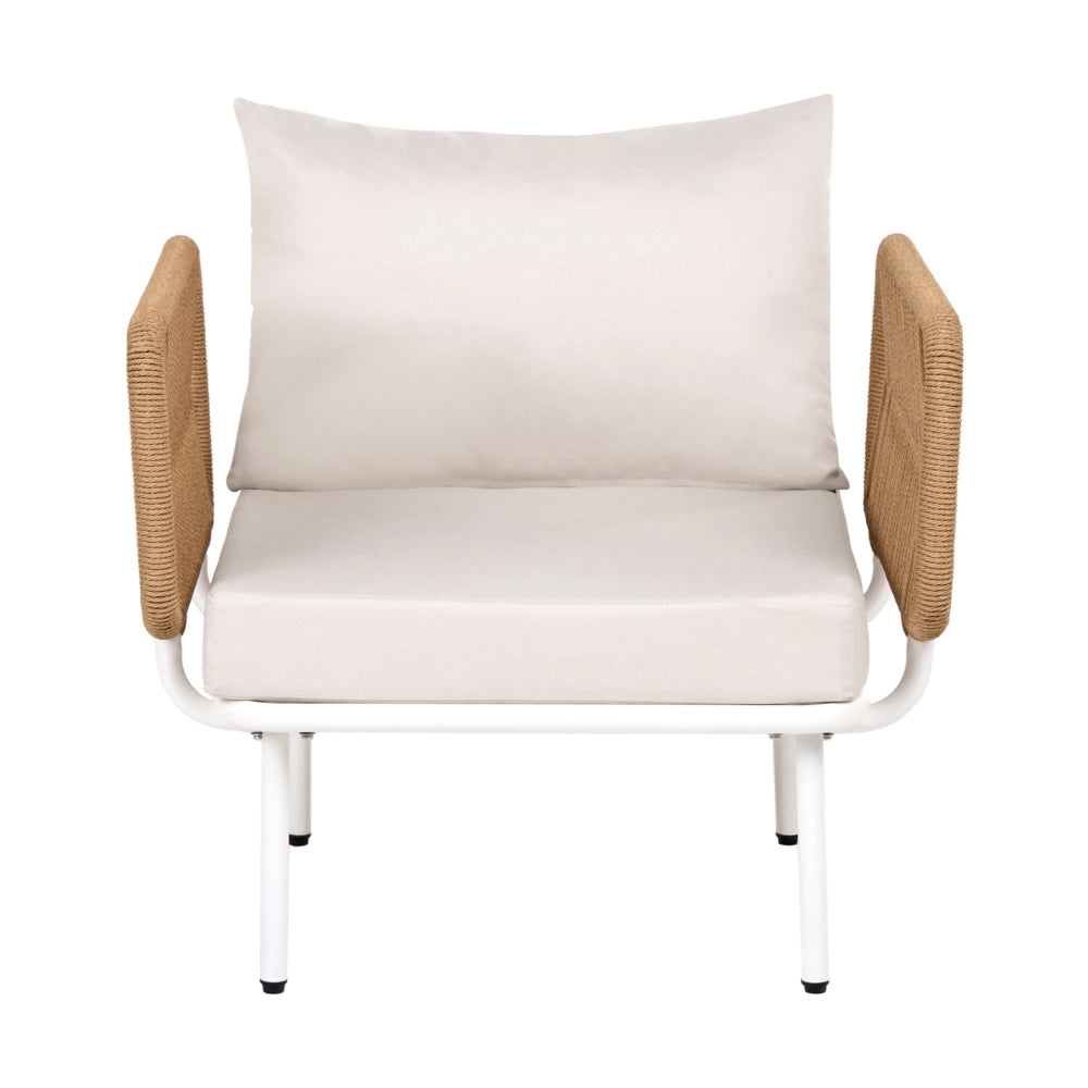 Poltrona da giardino in rattan PE beige chiaro con cuscini e braccioli, stile rustico moderno