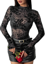 Camicia a Maglia a Fiore - Nero Translucido - Lunghe Maniche - Stampa Sexy a Fiore - Abbigliamento Casual/Club - Poliestere/Elastan - Look Elegante - Camicia a Fiore