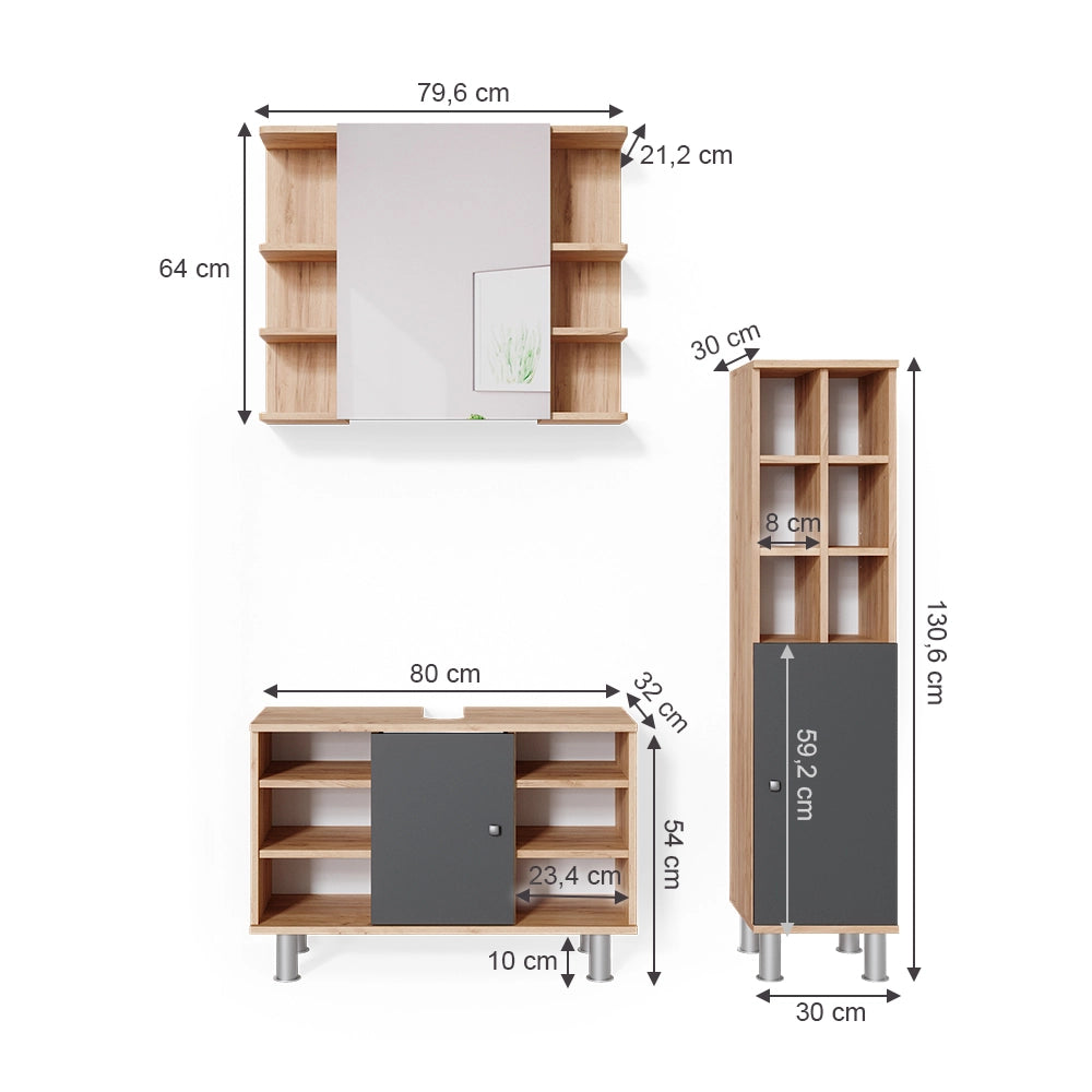 Vicco Set mobili bagno Quercia dorata 3 parti, con colonna