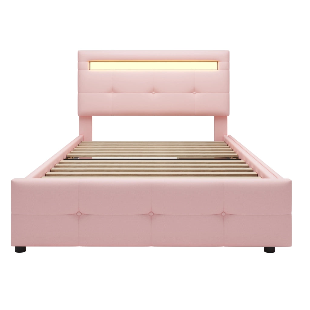 Letto singolo 90×200 cm con 2 cassetti; LED; testiera regolabile; senza materasso; legno; rosa