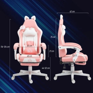 Sedia da ufficio gaming con supporto lombare, poggiapiedi, orecchie e zampe di gatto, in similpelle rosa