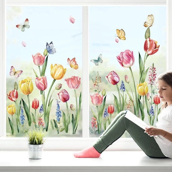 Decal per finestra Stickers fiori Tulipani Farfalle Stickers per finestra Fiori di giardino Film antiriflesso per vetri Stickers per decorazione finestra