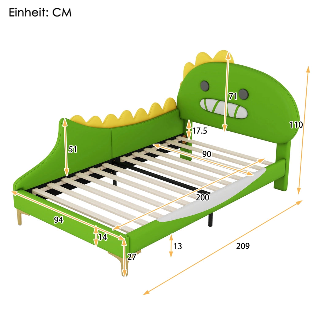 OKWISH Letto Bambino 90×200 cm, Letto Singolo con Testiera a Dinosauro, senza Materasso, in PU e MDF, Verde