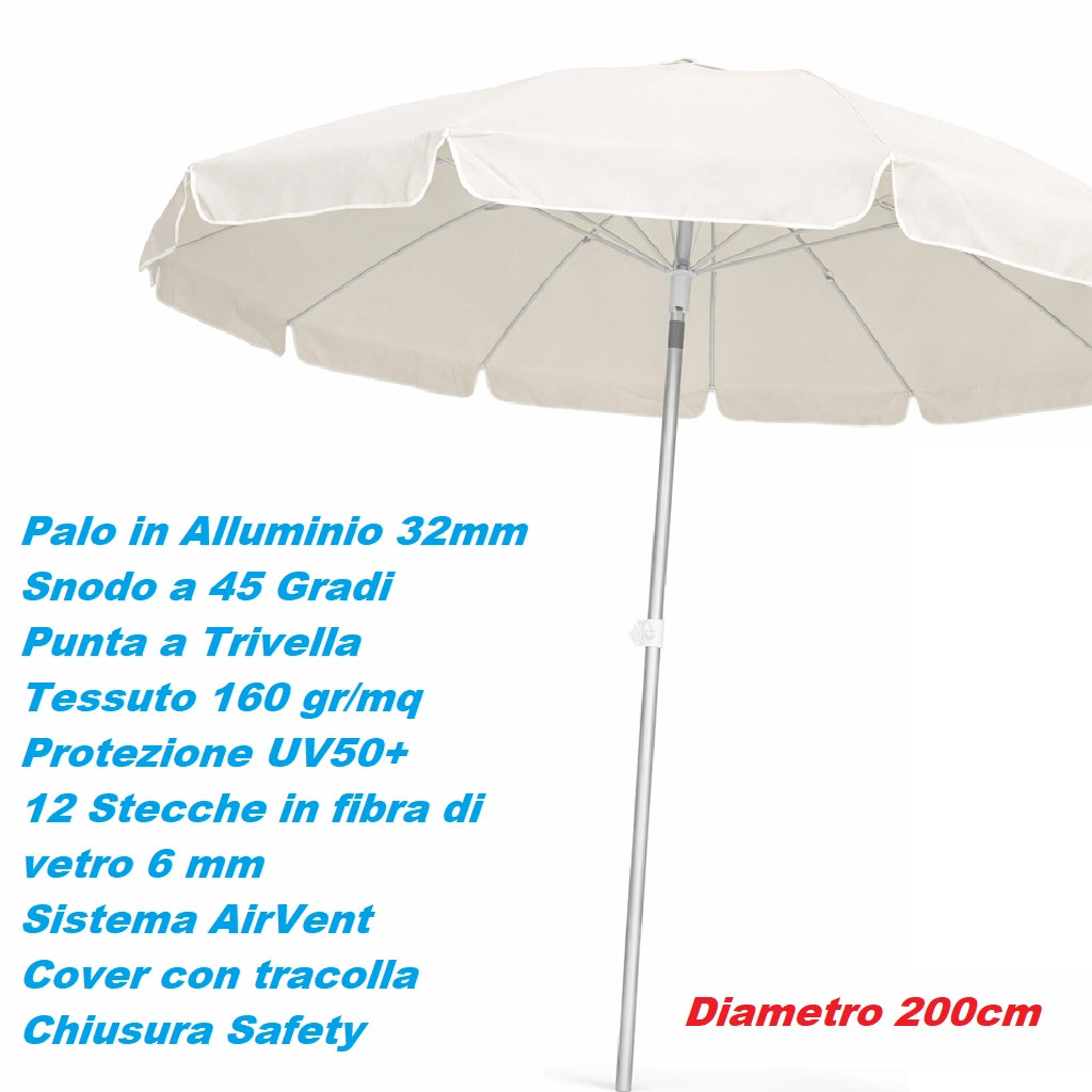 Ombrellone Mare Spiaggia 200 cm 12 Stecche Antivento Alluminio UV50+ Inclinabile Custodia