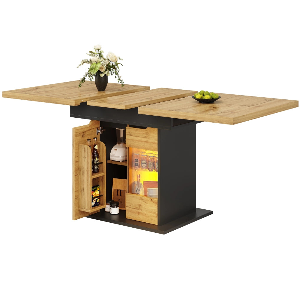 Tavolo da Pranzo per 4-6 Persone con Allunga; LED; Vano Contenitore e Ante in Vetro; MDF; 110-140x80x76 cm