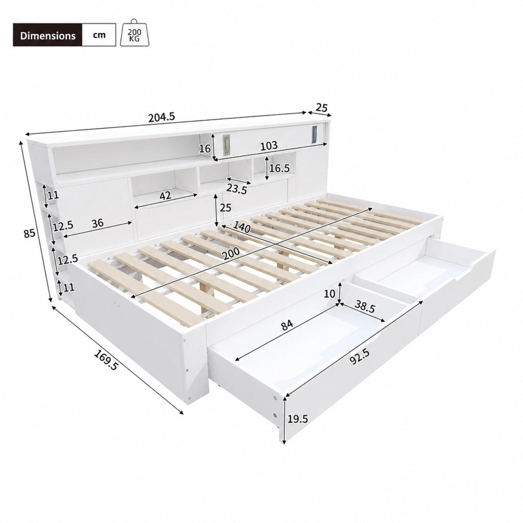 DESMIU Letto con cassetti 140 × 200 cm, 2 cassetti, armadi scorrevoli e ripiani, senza materasso, bianco