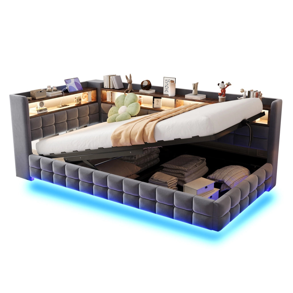 Letto imbottito multifunzione 90x200 cm con contenitore, LED e prese integrate