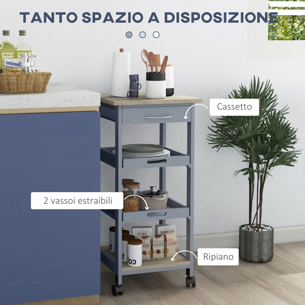 Carrello da Cucina con Cassetto e Vassoi ¨C zephmum ¨C Legno Pino 37x37x76
