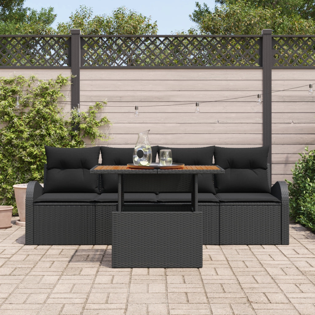 Set da Pranzo da Giardino 5 Pezzi con Cuscini Nero Poly Rattan Acacia