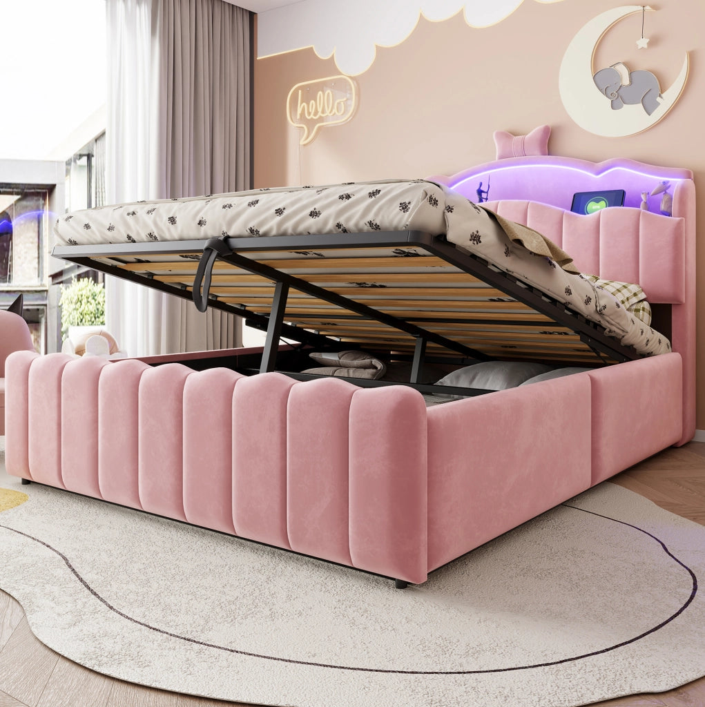 Letto imbottito rosa 140 x 200 cm con LED, ricarica USB e vano contenitore