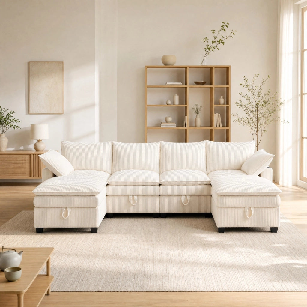 Sofa modulare a L/U in velluto a coste beige con 2 pouf, USB, contenitori e portabicchieri