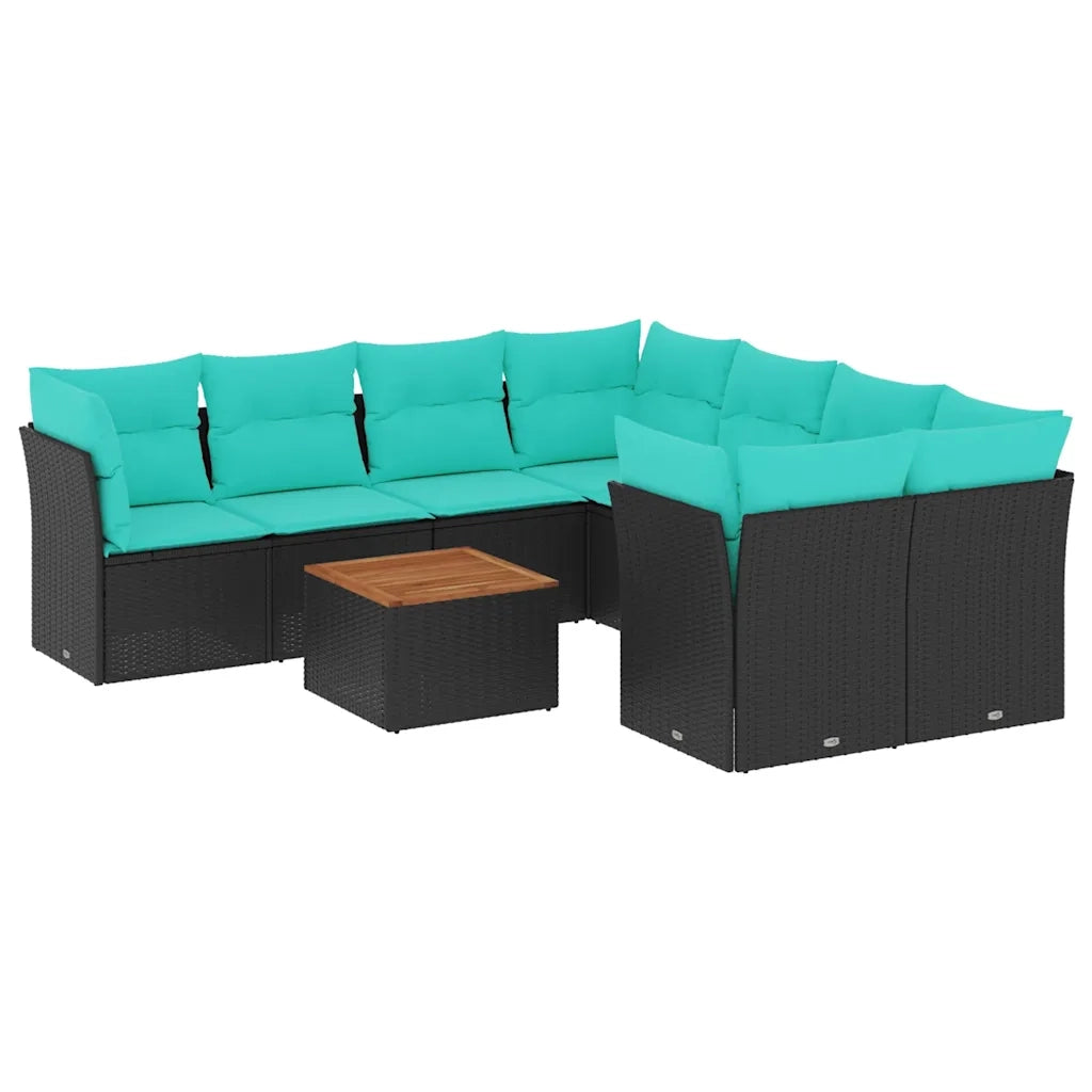 Set Divani da Giardino 9 pz con Cuscini Nero in Polyrattan
