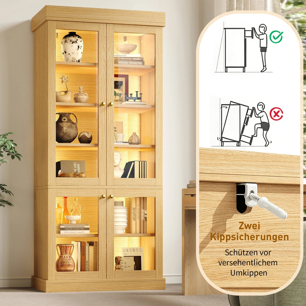 ARMADIO ALTO 160x40x180 cm MDF e vetro Naturale con LED Set da 2 pezzi