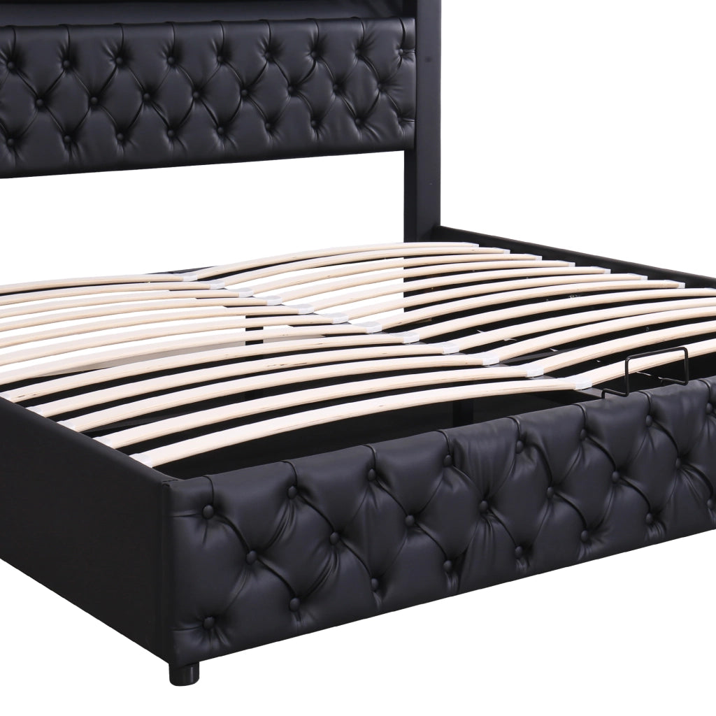 Letti contenitori 140x190 cm con contenitore e LED; PU nero (Senza materasso)