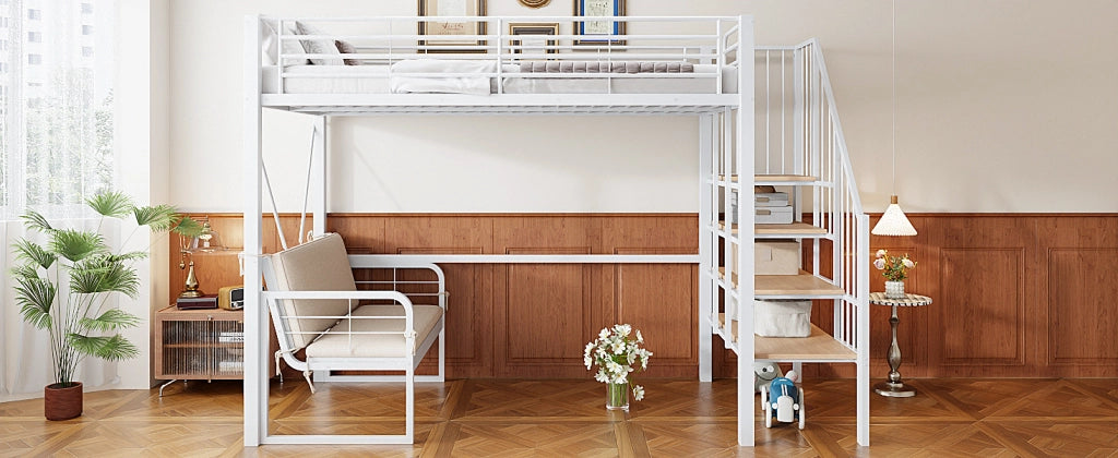 Letto a castello in metallo e MDF 90x200 cm con divano imbottito removibile, scala contenitore e struttura salvaspazio, bianco/nero