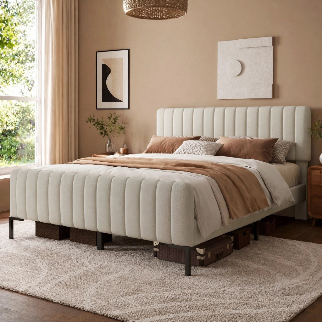 Letto imbottito 160x200 cm con testiera regolabile; lino grigio-beige