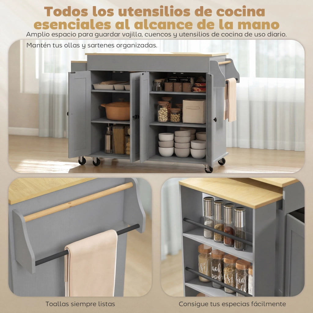 Carrello da Cucina con Ruote ¨C Xylo ¨C Piano Estensibile, 4 Ante, Ripiani Regolabili, Grigio