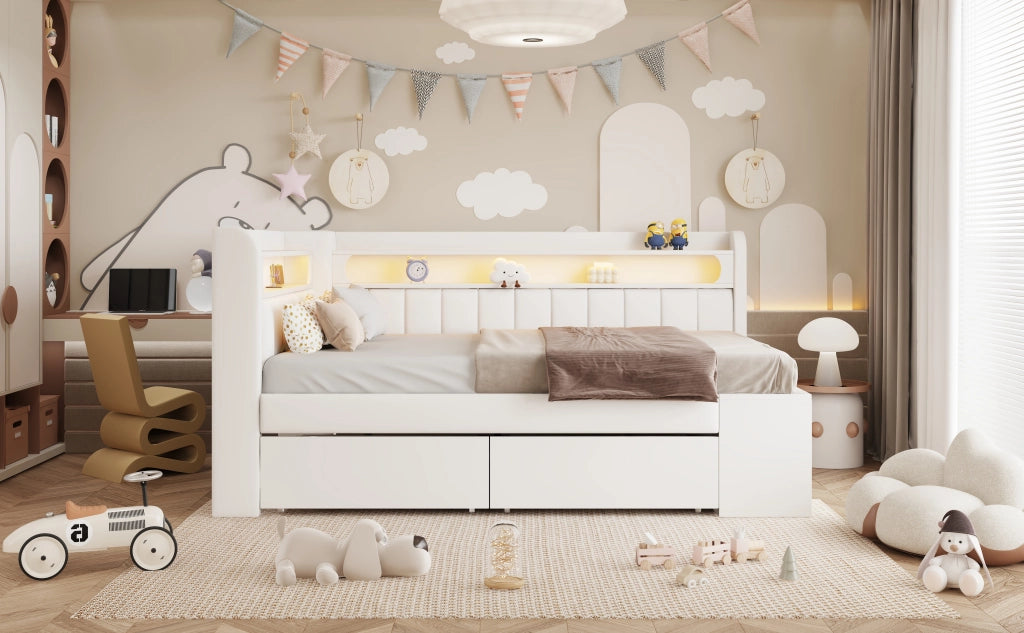 DESMIU Letto divano 90 × 200 cm con USB, LED regolabile, 2 cassetti e scarpiera, senza materasso, bianco