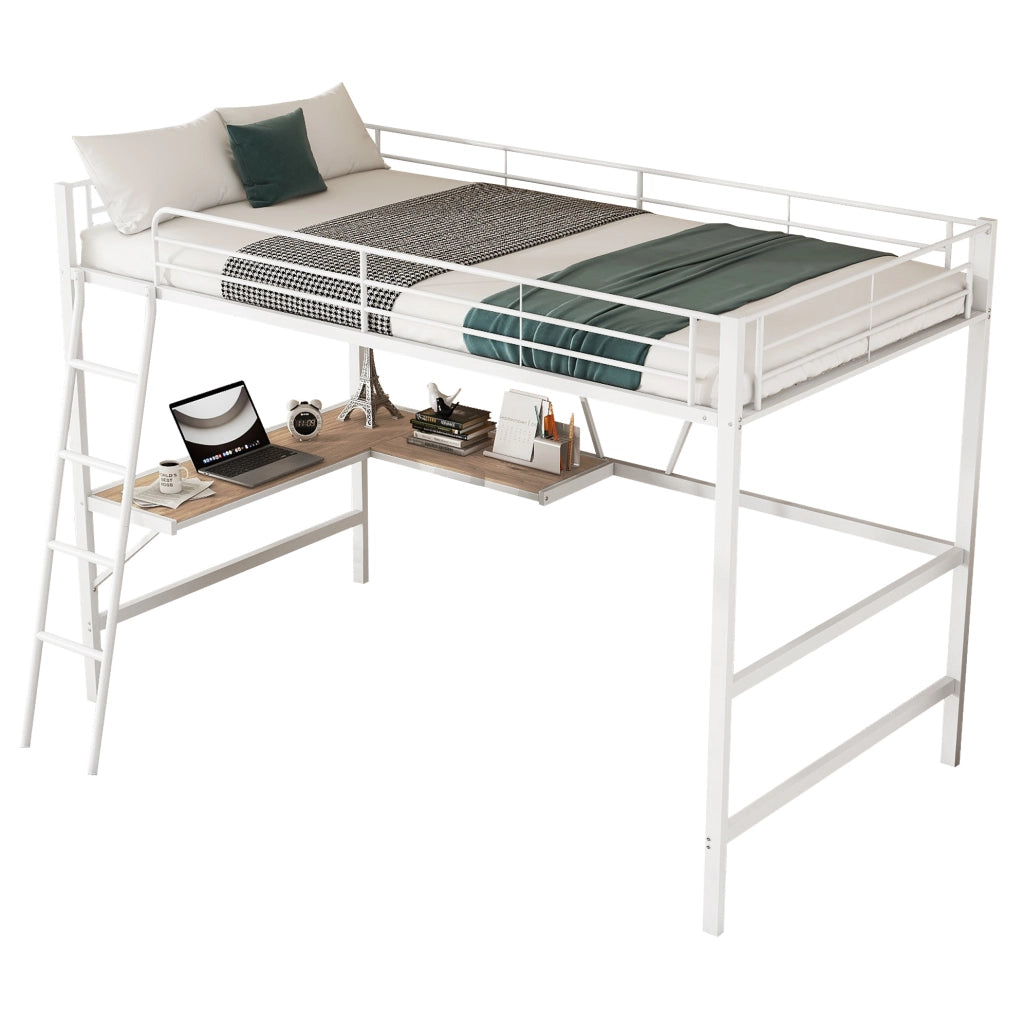 Letto a soppalco 90x200 cm con scrivania a L e scaffale bianco