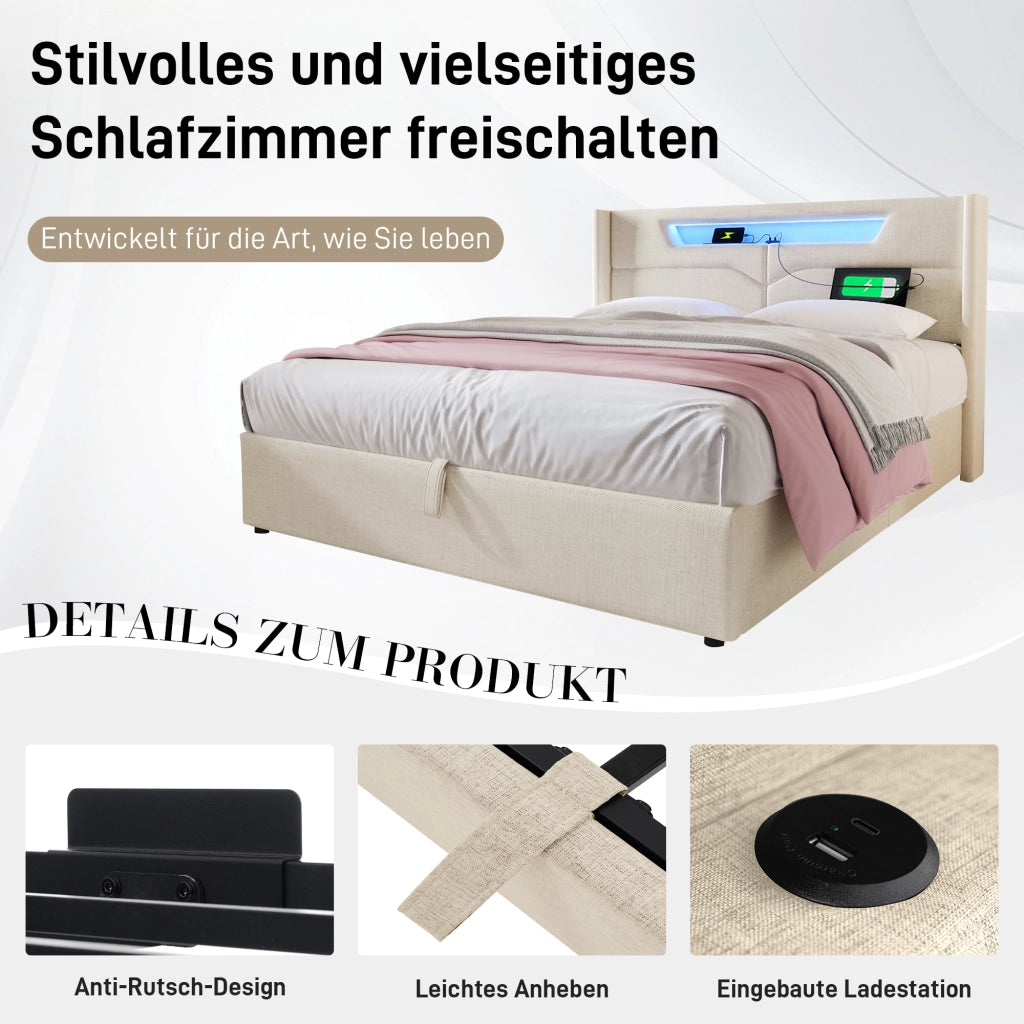 LETTO matrimoniale 140x200 cm in lino beige con LED e porte USB/Type C