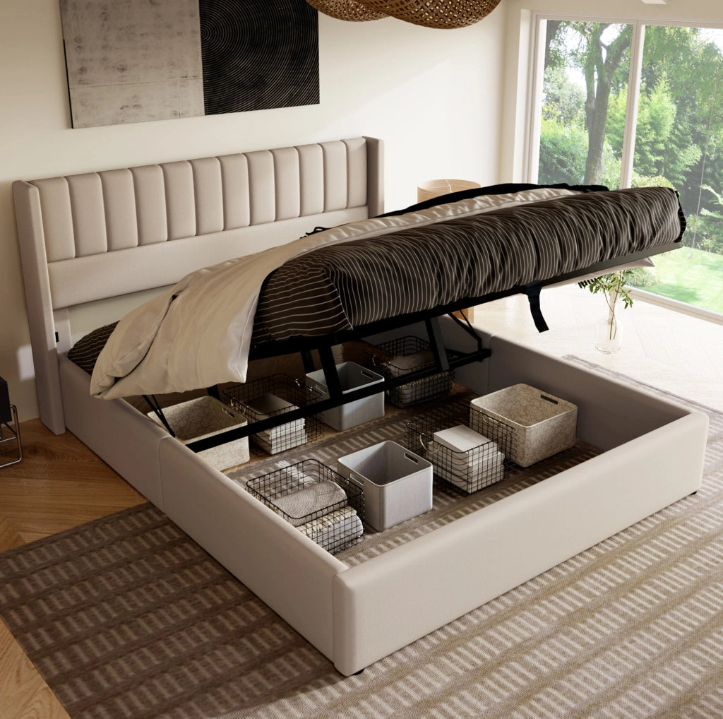 Letto matrimoniale con contenitore e rete alzante 160x200 cm in lino beige