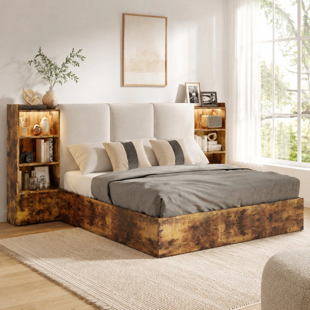 Letto Contenitore 180 x 200 cm - 6 Vani; LED Regolabile e Testiera Imbottita - Marrone
