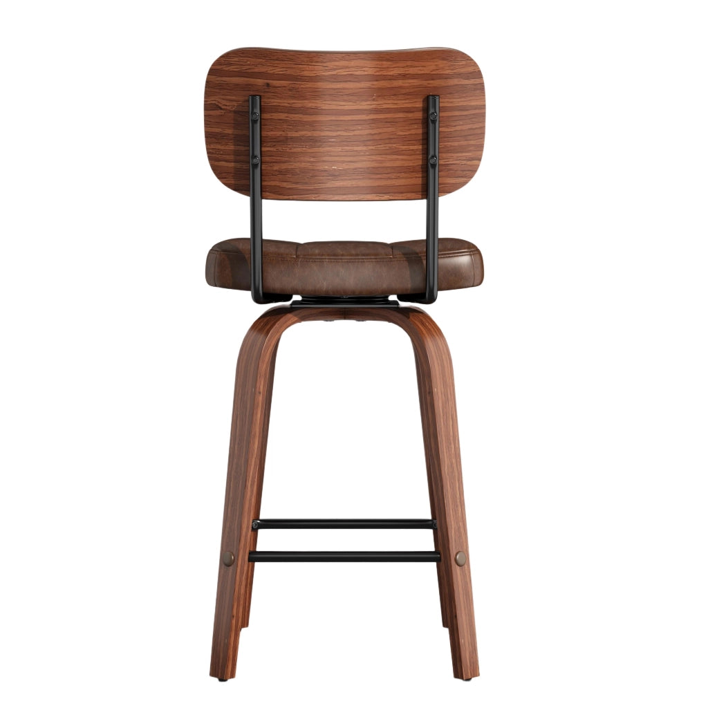 Sgabello da bar con schienale ergonomico e anello antiscivolo stile scandinavo in pelle pu e legno walnut brown