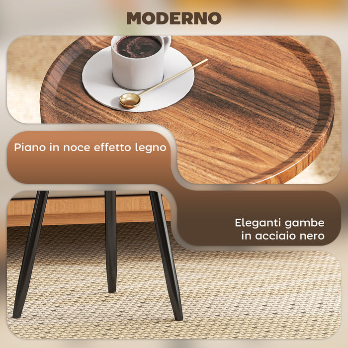 Tavolino da Salotto Ø40x39 cm con Bordo Rialzato e 3 Gambe in Legno e Acciaio Nero e color Legno
