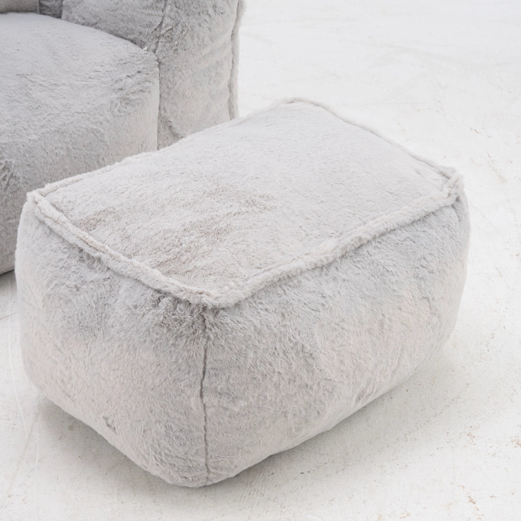 Pouf poltrona ergonomico con poggiapiedi e imbottitura in schiuma, per soggiorno, in pelliccia sintetica grigio